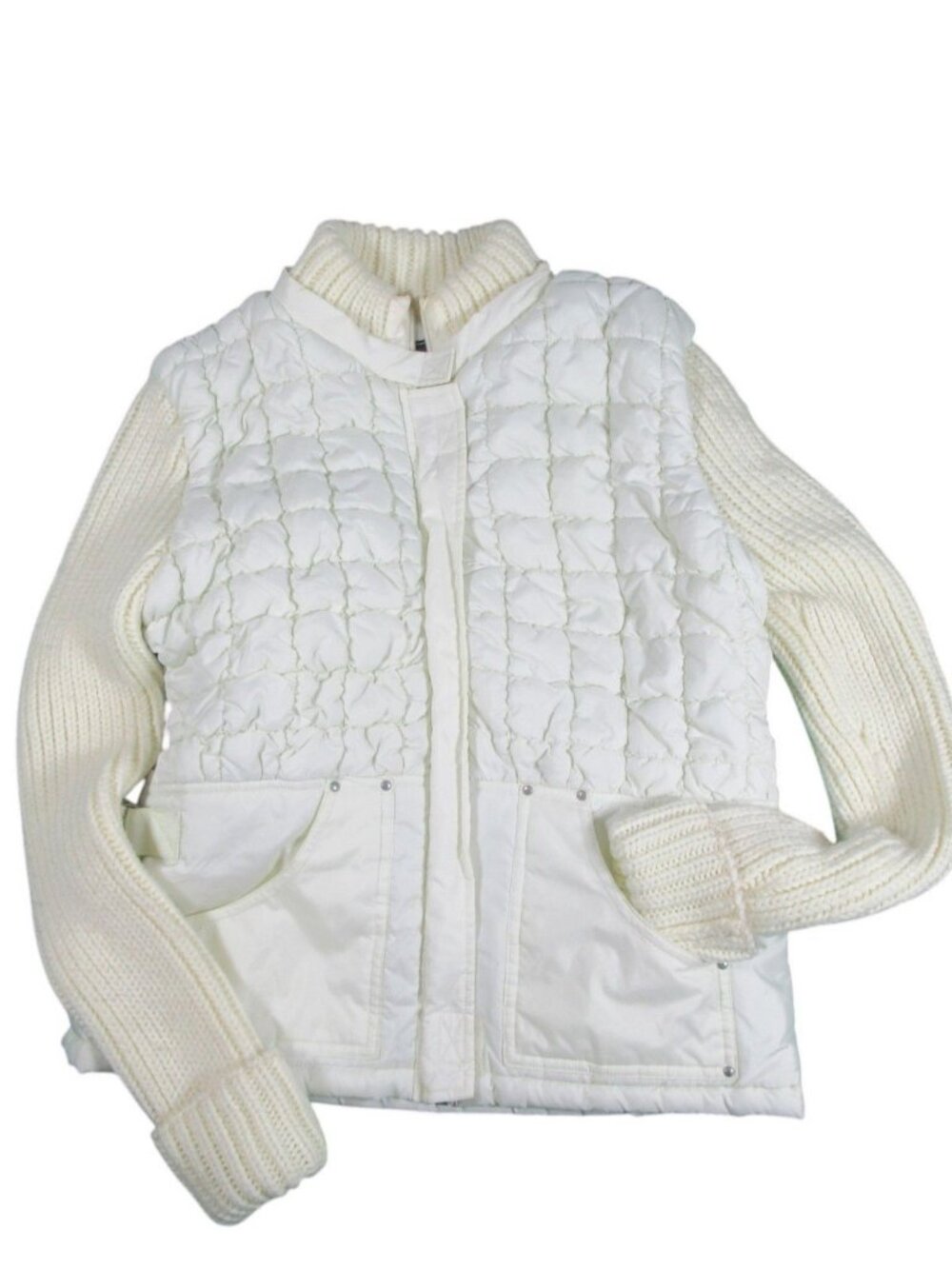 Guess Jeans Women's Ivory Quilted Cable Knit Sweater Jacket Zip Up Vintage Small